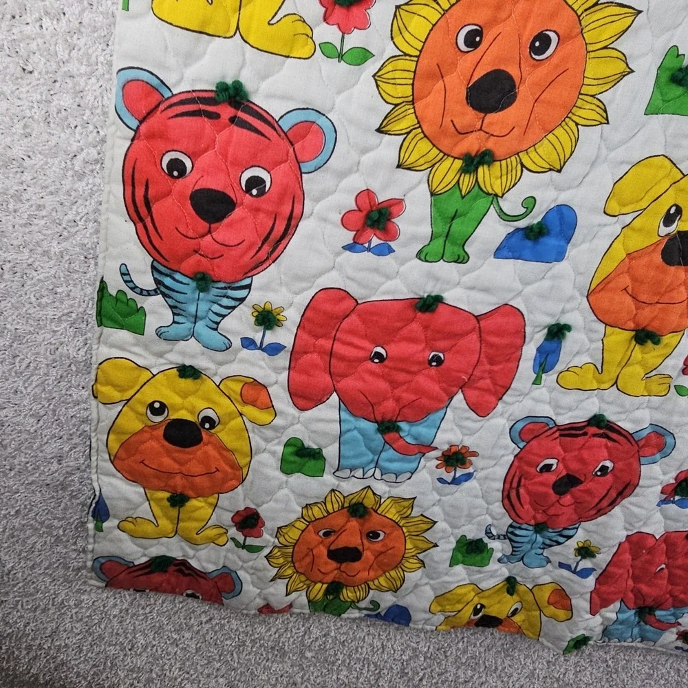 Vintage Animal Print Baby Quilt Blanket Handmade 46x39 Sunflowers Dogs One Sided